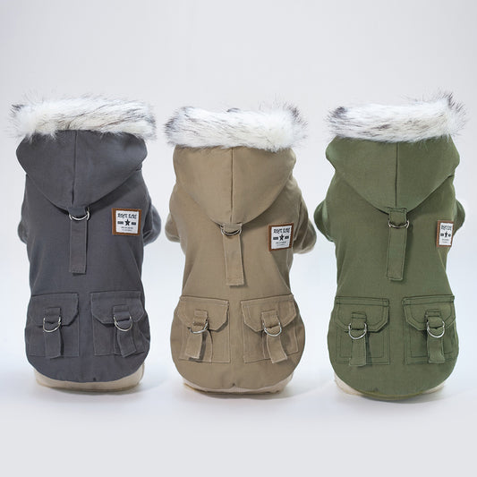 KKRP Pet Pet Dog Cat Clothes Autumn and Winter New Arrival Two Legs Parka Hooded Cotton-Padded Coat Fleece Padded Coat Tide