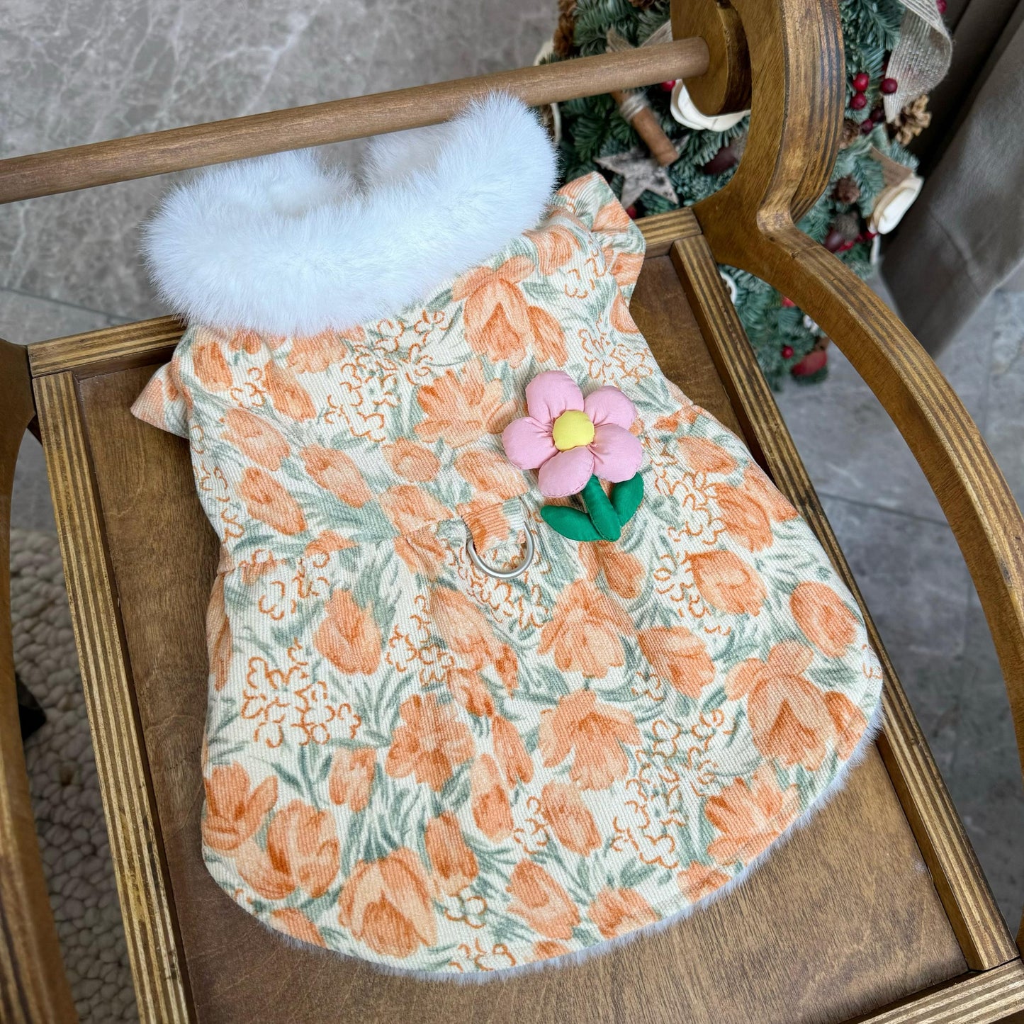 Five Little White Bear Pet Clothes Fall and Winter New Arrival Fleece-lined Thickened Floral Flounced Sleeve Princess Dress Dog Cat Outwear