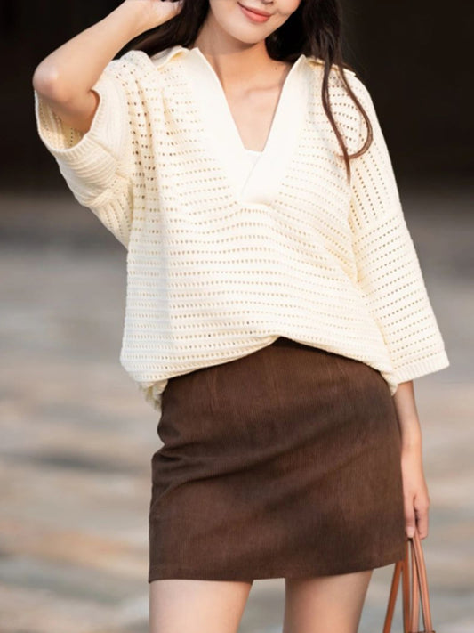 Women's Spring Clothing Fancy Super Nice Sweater Loose Soft Glutinous Idle Style Cut Out V-neck Sweater Outerwear Top