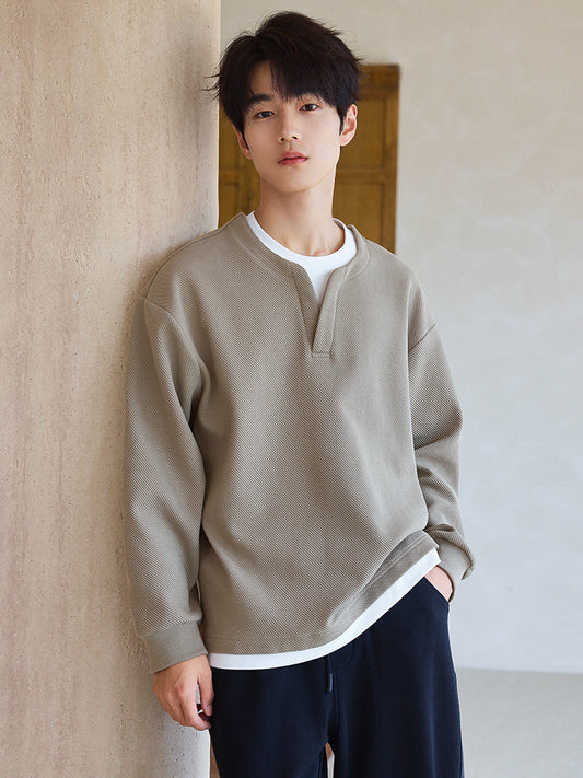 False Two-Piece Sweaters Men's Long Sleeves 2025 Spring and Autumn New Arrival Heavy Weight round Neck Men's Clothing Inner Bottoming Shirt T-Shirt Tops