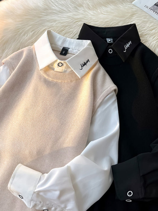 Pure Women's Shirt False Two-Piece Sweaters Men's Fancy Knitting Embroider Shirt Collar Bottoming Shirt Clean Sunshine Men's Clothing