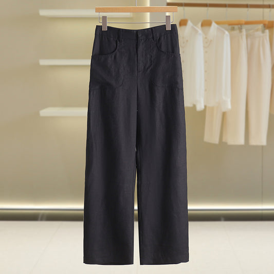 Work Clothing Straight-Leg Pants Pure Color Withdraw from Cupboard Women's Linen