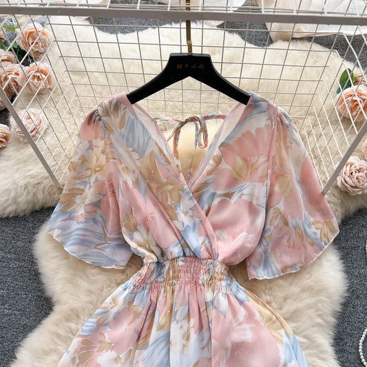 YuooMuoo Women Chiffon Floral Long Dress Korean V-neck Short Sleeve A-line Party Dresses Summer Bohemian Print Beach Vestidos