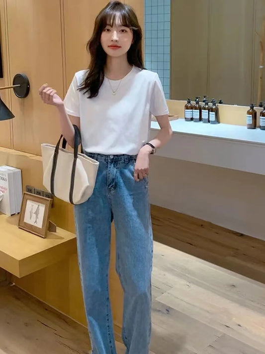 Solid Women Short Sleeve T Shirt Cotton O Neck Loose Black White Basic Thin Tops Fashion Harajuku Casual Outer Wear T-Shirts