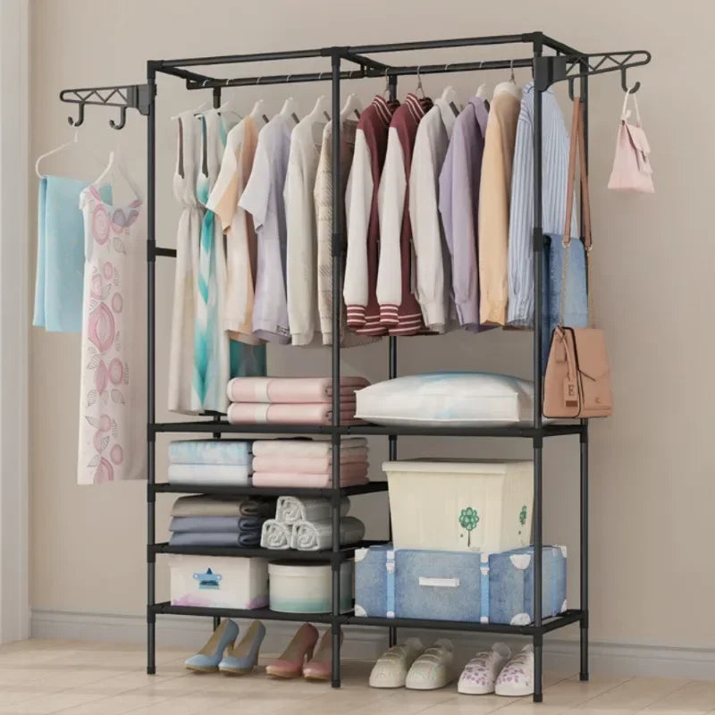 Floor Coat Rack Bedroom Coats Shelf Double-Row Large Wardrobe Hangers Simple Assembly Household Storages Shelf Clothes Hanger