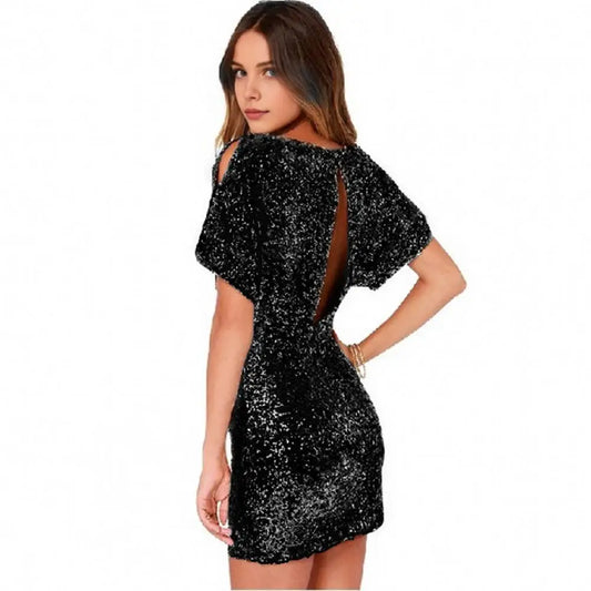 Open Back Dress Elegant Sequin Party Dresses for Women Glitter Wrapped Mini Dress Backless Pearl Button Elastic for Special