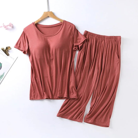 2025 summer new ladies modal pajamas two-piece suit with chest pad short-sleeved cropped trousers plus size home service set