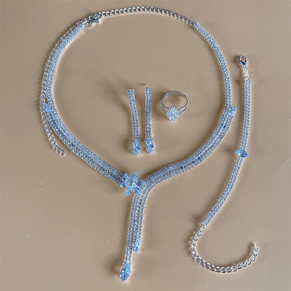 Silver Color Rhinestone Crystal Bridal Jewelry Set Earrings Necklace Wedding Geometric Elegant Romantic Bridesmaid Jewelry Sets