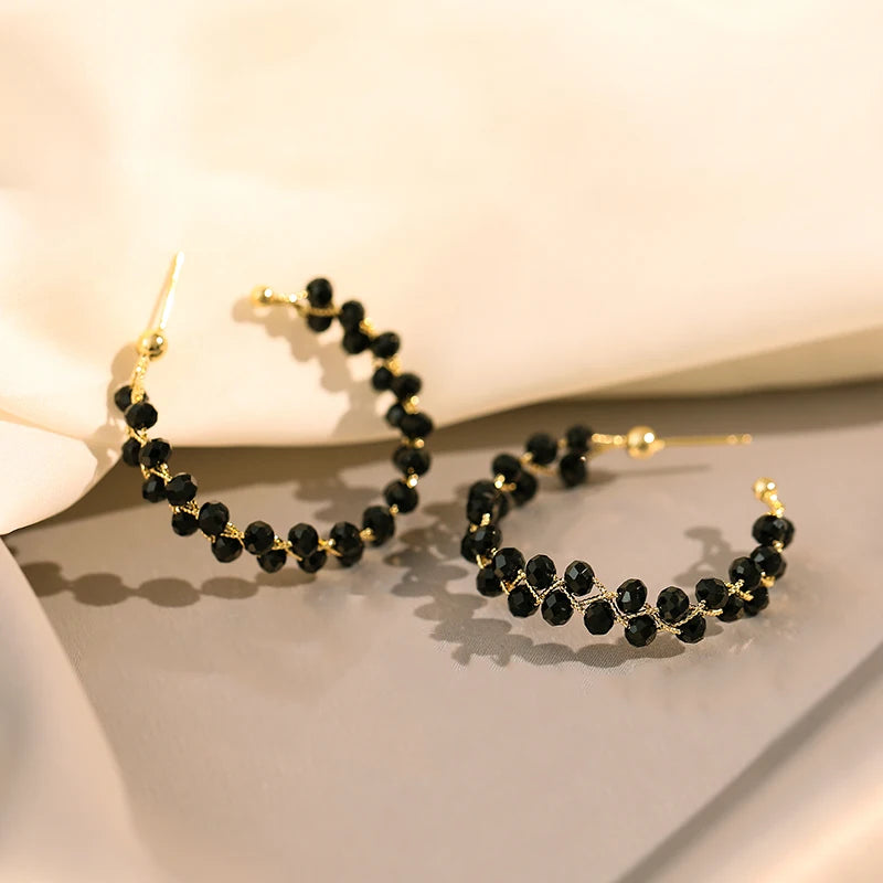 2025 Fashion Double-layer Black Crystal Woven Hoop Earrings South Korea Simple Accessories Party For Women's Luxury Jewelry