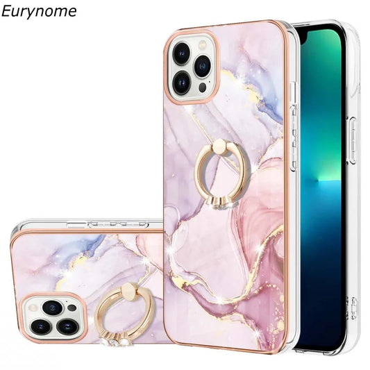 Ring Holder Case For Apple iPhone 16 15 14 12 11 Pro Max 13 Mini Plus High Quality Marble IMD PC Stand Shockproof Phone Cover