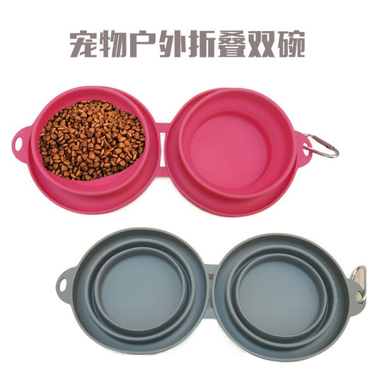 Pet Bowl Foldable Silicone Double Bowl Integrated Outdoor Dog Drinking Water Eating Eating out Portable Cat Puppy Bowl