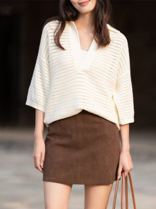 Women's Spring Clothing Fancy Super Nice Sweater Loose Soft Glutinous Idle Style Cut Out V-neck Sweater Outerwear Top