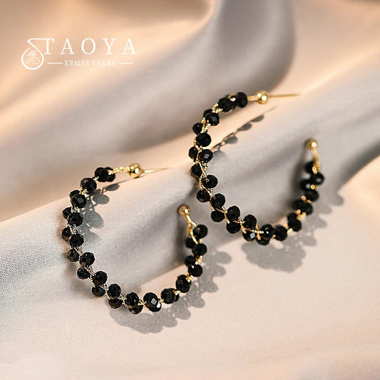 2025 Fashion Double-layer Black Crystal Woven Hoop Earrings South Korea Simple Accessories Party For Women's Luxury Jewelry