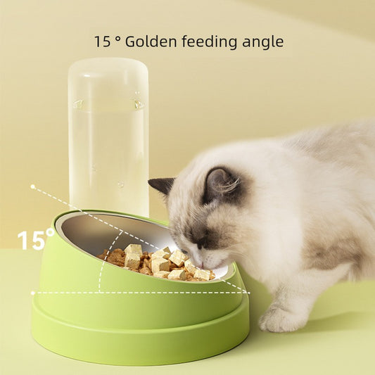 Cat Bowl Double Bowl Automatic Drinking Water Cat Food Holder Stainless Steel Dog Bowl Pet Bowl Neck Protection Oblique Bowl Drinking Water Feeding Integrated