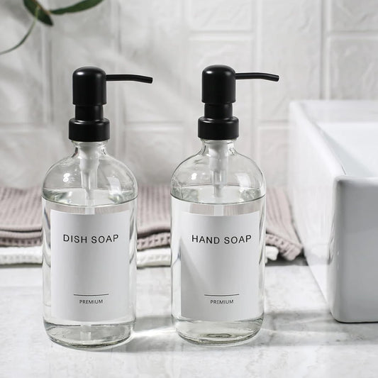 Clear Glass Soap Dispenser, Bathroom Kitchen Hand Dish Soap Dispenser Set with Matt Black Stainless Steel Pump, 2pcs 16Oz 500ml