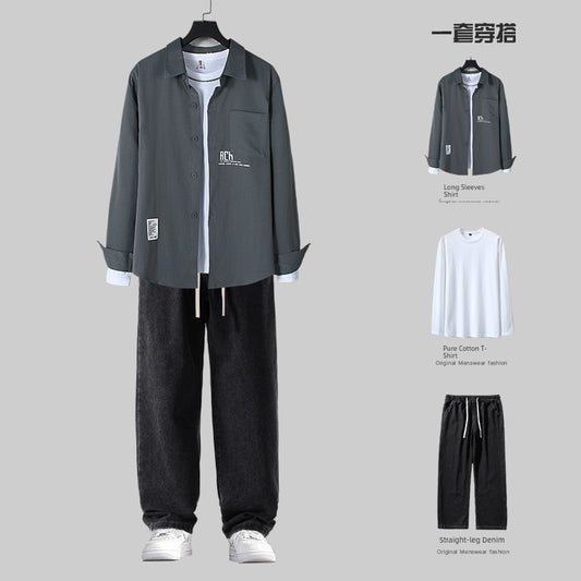 Casual Pu Handsome Matching Mature Three-Piece Shirt