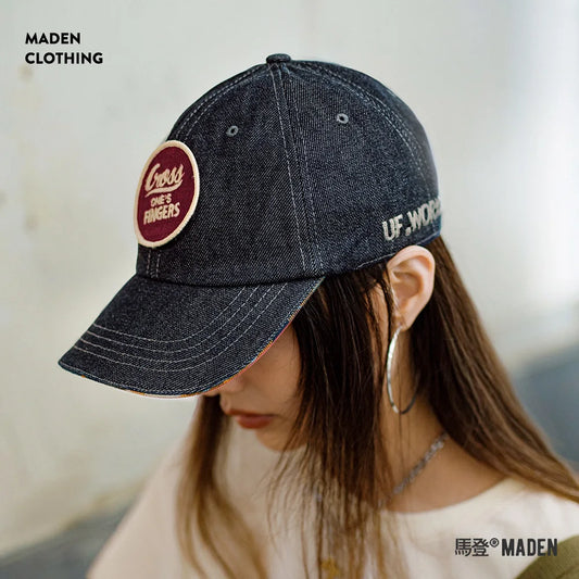 Maden 13.5OZ Denim Baseball Cap for Women Inside Letter Printed Visors Round Top Versatile Shade Cap Denim Blue Color Unisex