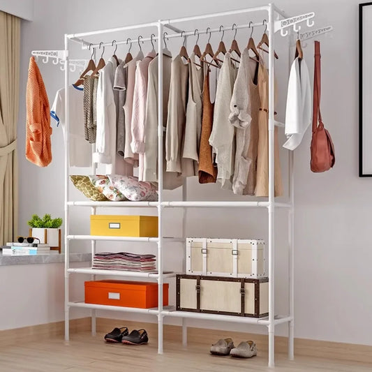 Floor Coat Rack Bedroom Coats Shelf Double-Row Large Wardrobe Hangers Simple Assembly Household Storages Shelf Clothes Hanger