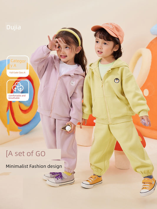 Dudu Spring and Autumn Boy Hooded Pants Sweatshirt Suit