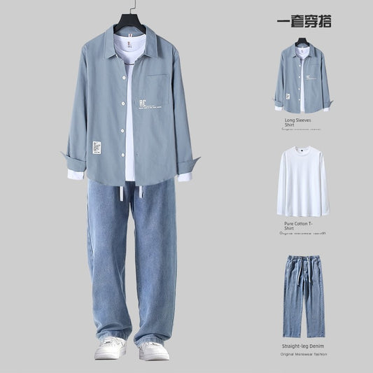 Casual Pu Handsome Matching Mature Three-Piece Shirt